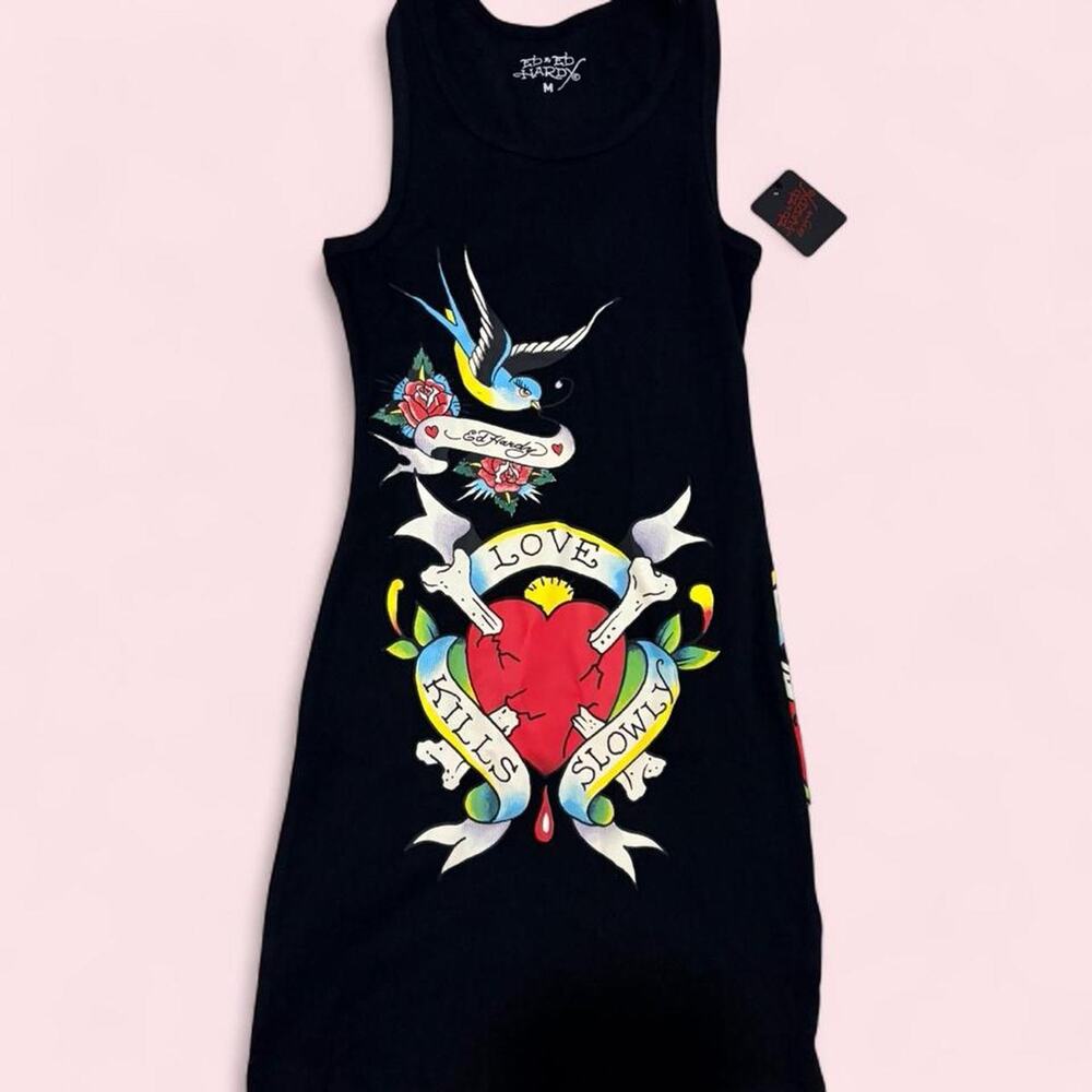 Ed Hardy Size Medium black ribbed bodycon tank dress Y2k tattoo core mcbling